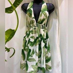 Mumu Green and White Leaf Print Halter Mini Dress Size Small